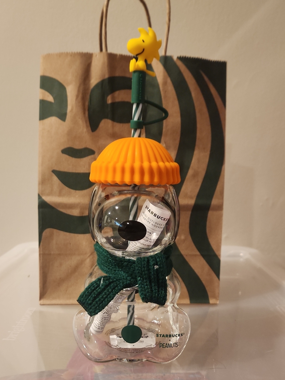 Starbucks Snoopy Snowman Glass with Orange Hat and Green Scarf